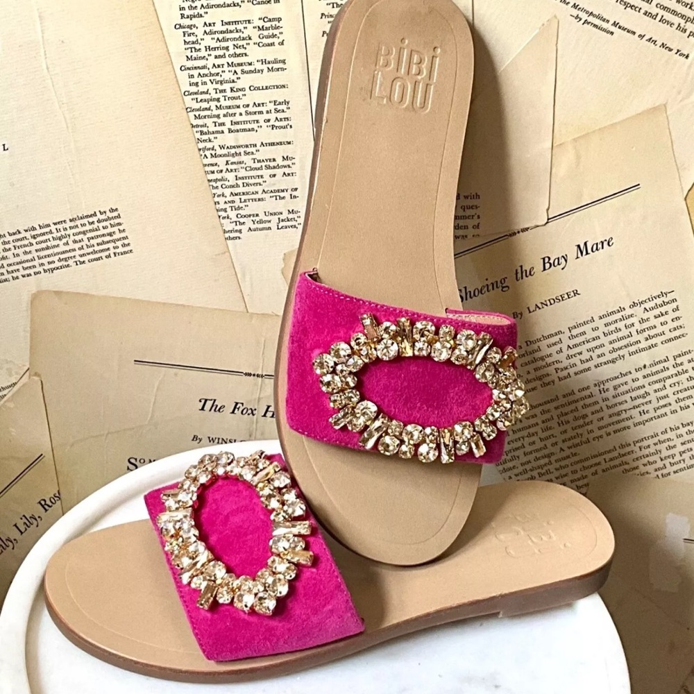 Anthropologie Bibi Lou Dolly Slide Flat Sandal Mule Jeweled Pink Suede
